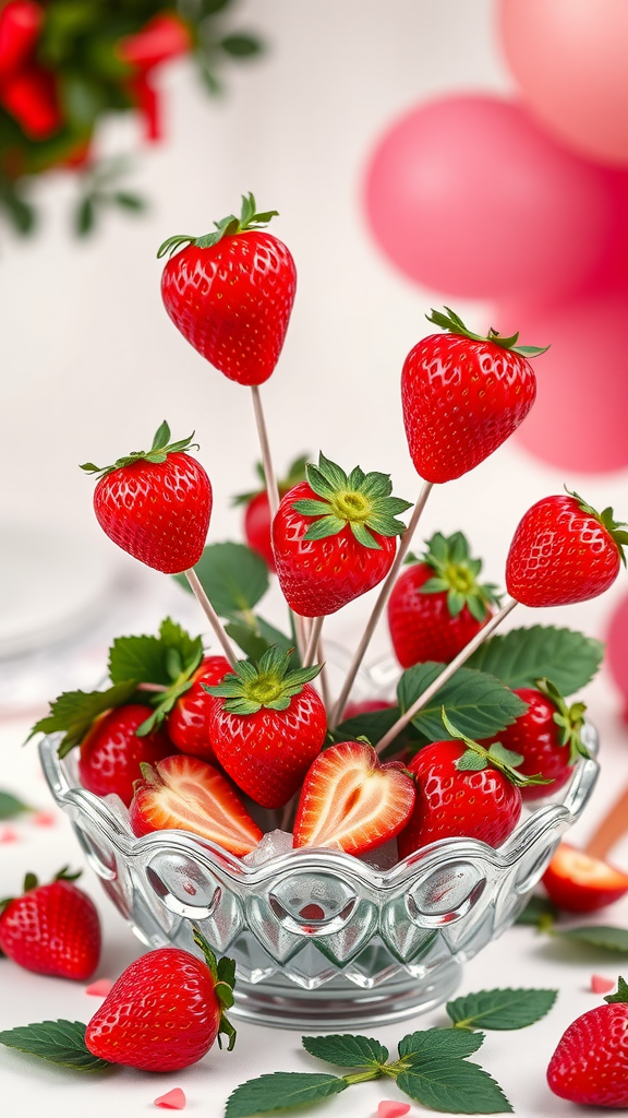 A bowl filled with fresh strawberries, some on skewers, surrounded by more strawberries and green leaves. Strawberry Centerpiece Ideas