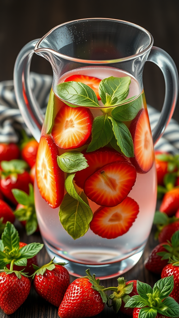 A pitcher of strawberry and basil infused water with fresh strawberries in the background. Strawberry Centerpiece Ideas