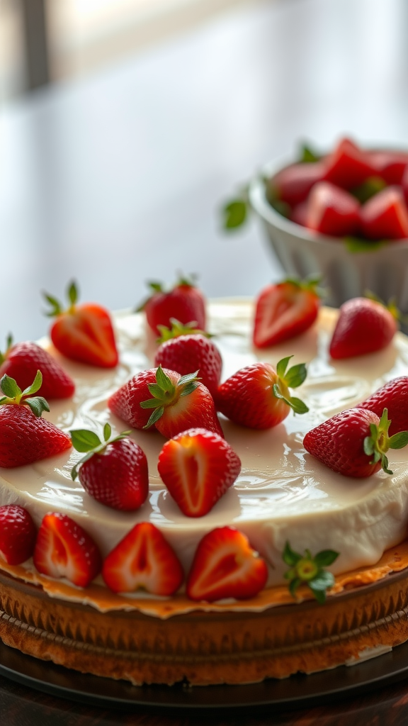A cheesecake topped with fresh strawberries, with a bowl of strawberries beside it.