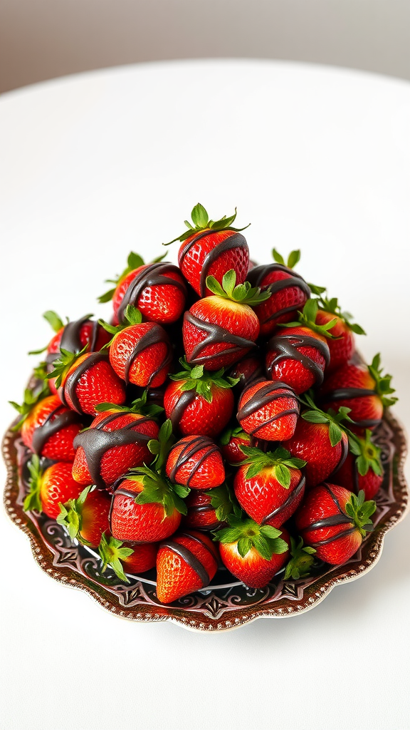 A beautifully arranged plate of chocolate drizzled strawberries.