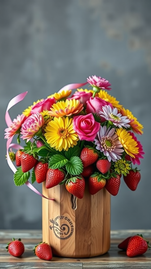 A vibrant floral arrangement featuring strawberries, roses, and daisies in a wooden vase. Strawberry Centerpiece Ideas