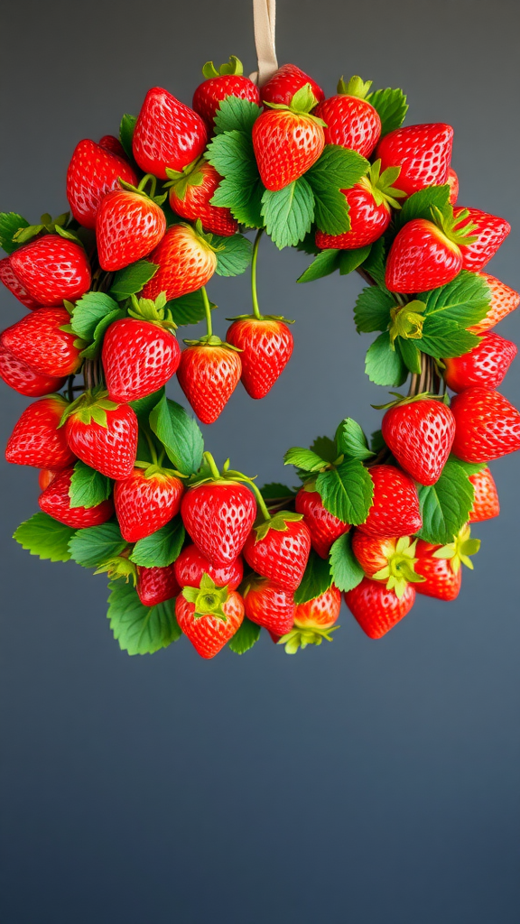 A wreath made of vibrant red strawberries and green leaves