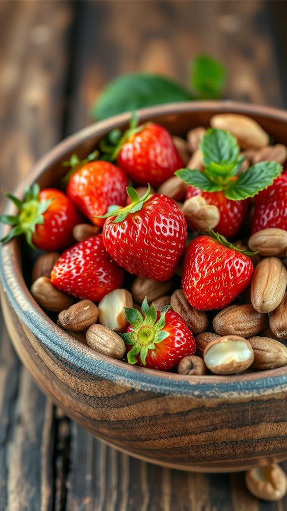 A wooden bowl filled with fresh strawberries and various nuts.