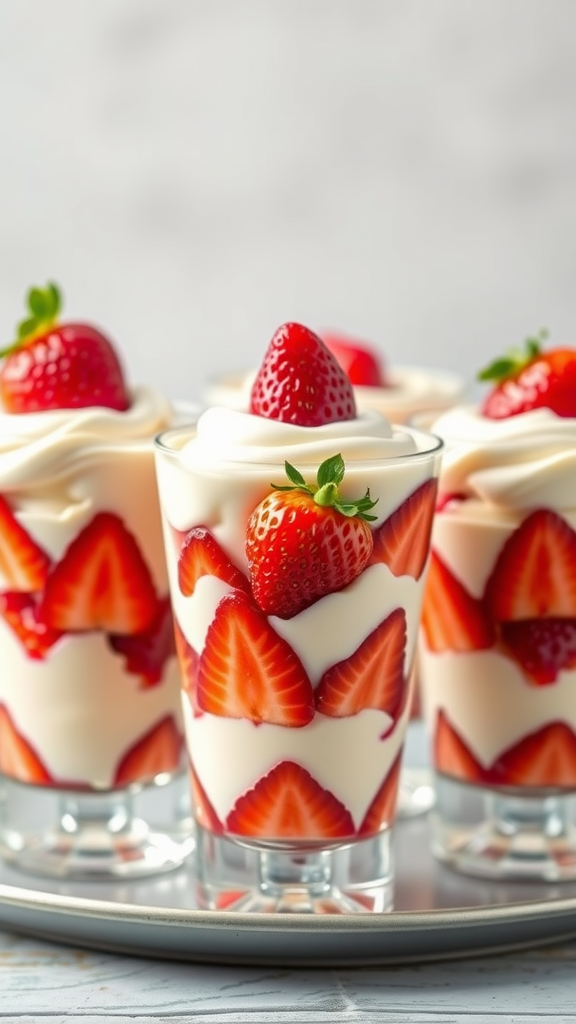 A display of strawberry and yogurt parfaits in clear glasses, topped with fresh strawberries.
