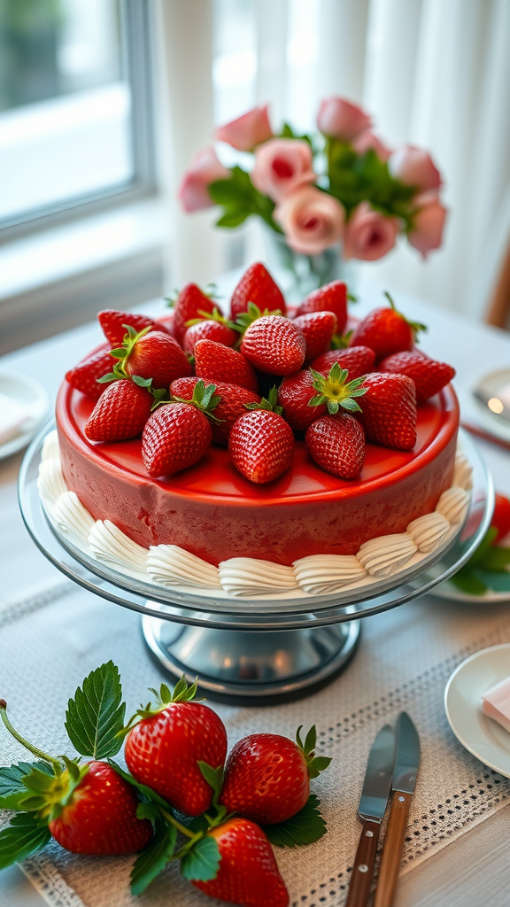 A beautiful strawberry cake topped with fresh strawberries, displayed on a table with roses in the background.