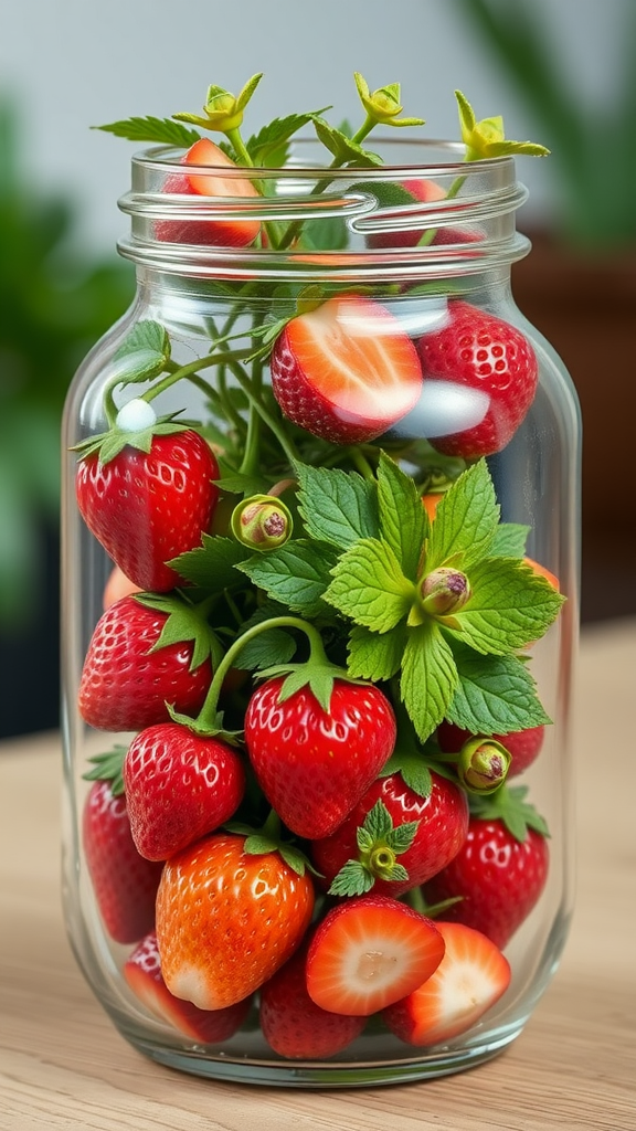 A glass jar filled with fresh strawberries and mint leaves, showcasing a bright and colorful terrarium. Strawberry Centerpiece Ideas