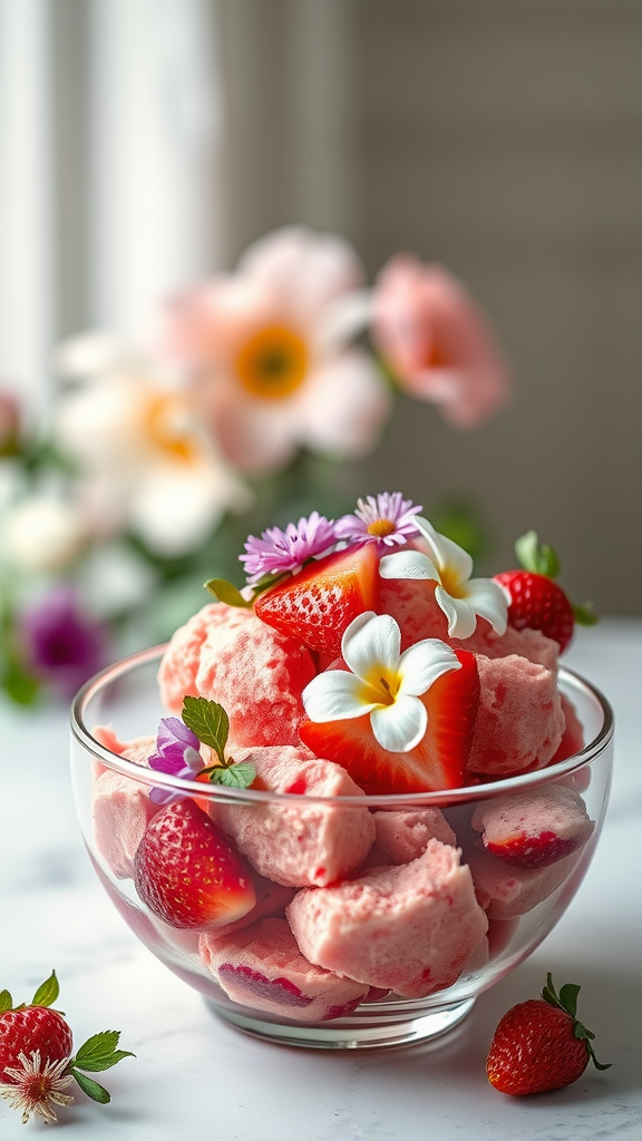 A bowl of strawberry sorbet garnished with edible flowers and fresh strawberries.