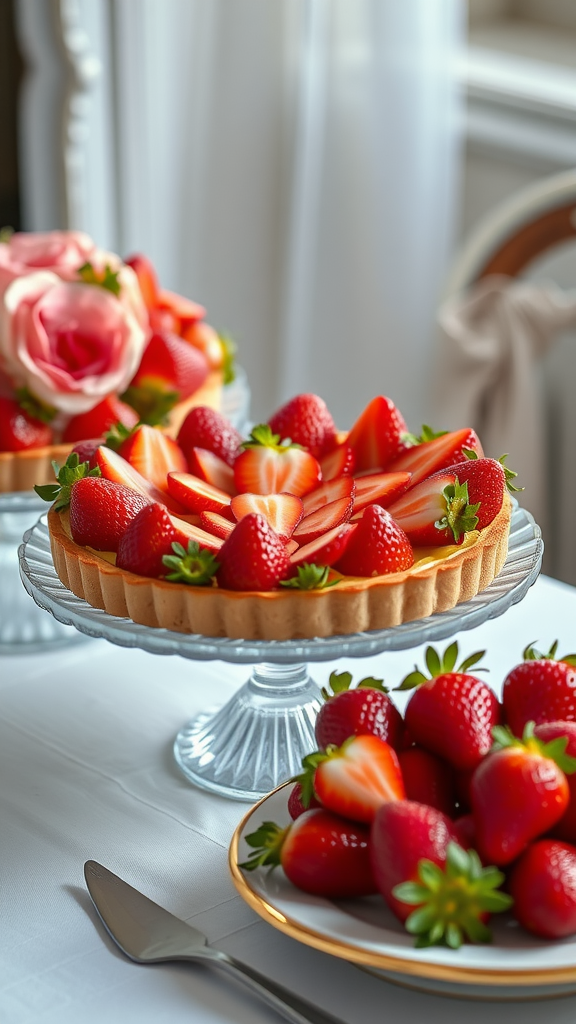 A beautifully arranged strawberry tart surrounded by fresh strawberries on a table. Strawberry Centerpiece Ideas