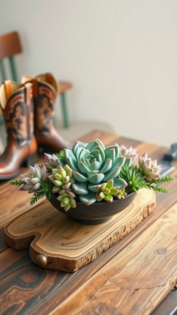 A succulent centerpiece in a dark bowl on a wooden board, with cowboy boots in the background.