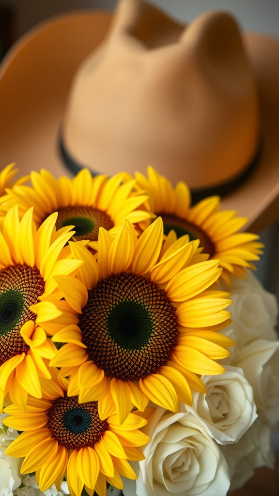A bouquet of sunflowers and white roses with a cowboy hat in the background.