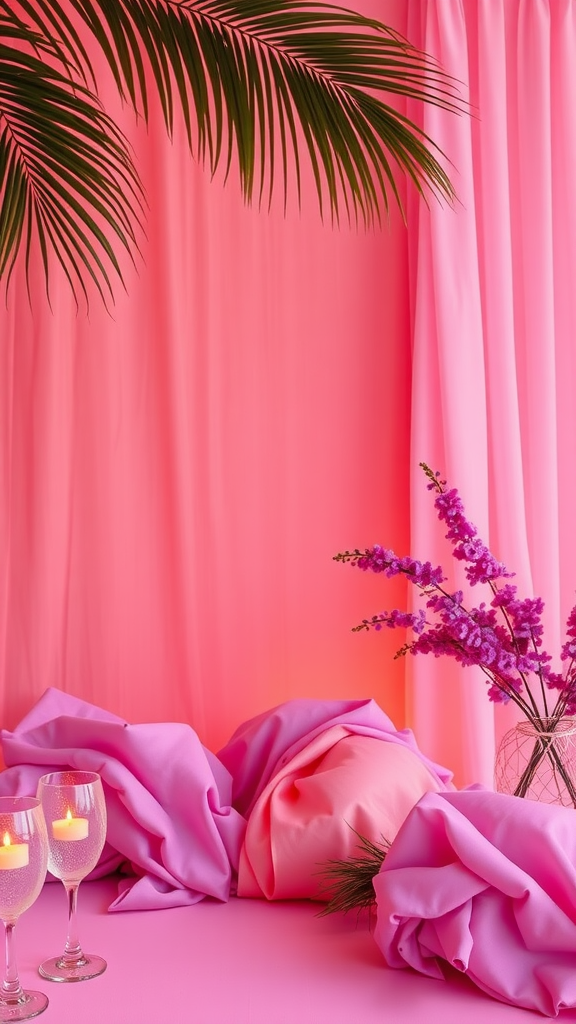 A cozy setup with pink and purple fabrics, palm leaves, and candles in glasses, inspired by sunset colors.