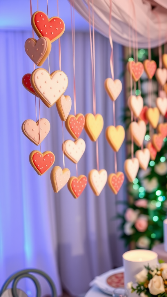 A garland of heart-shaped cookies in pastel colors hanging in a decorated space. Valentine Baby Shower Sugar Cookies