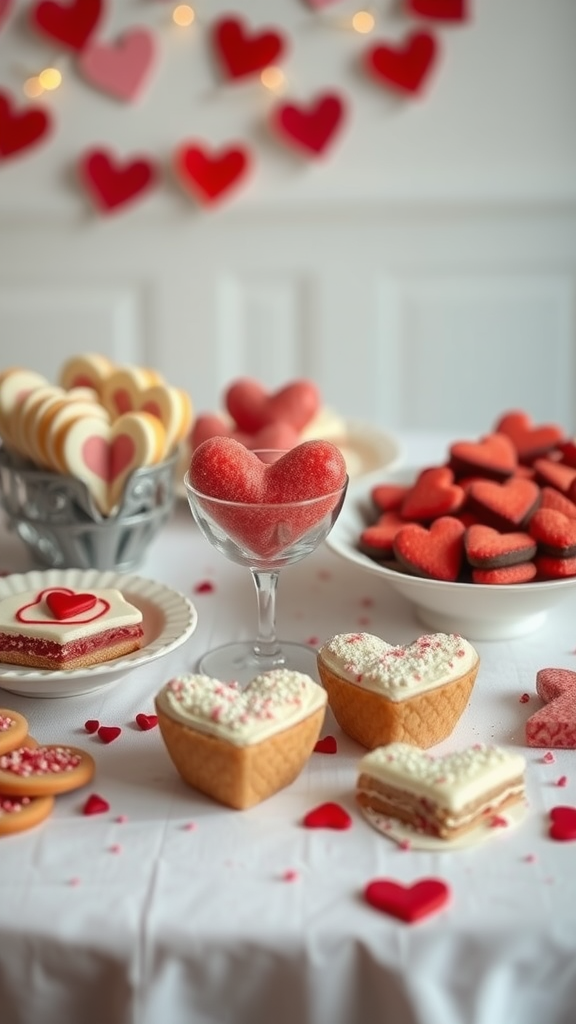 A beautifully arranged table with heart-shaped snacks for a sweetheart theme.