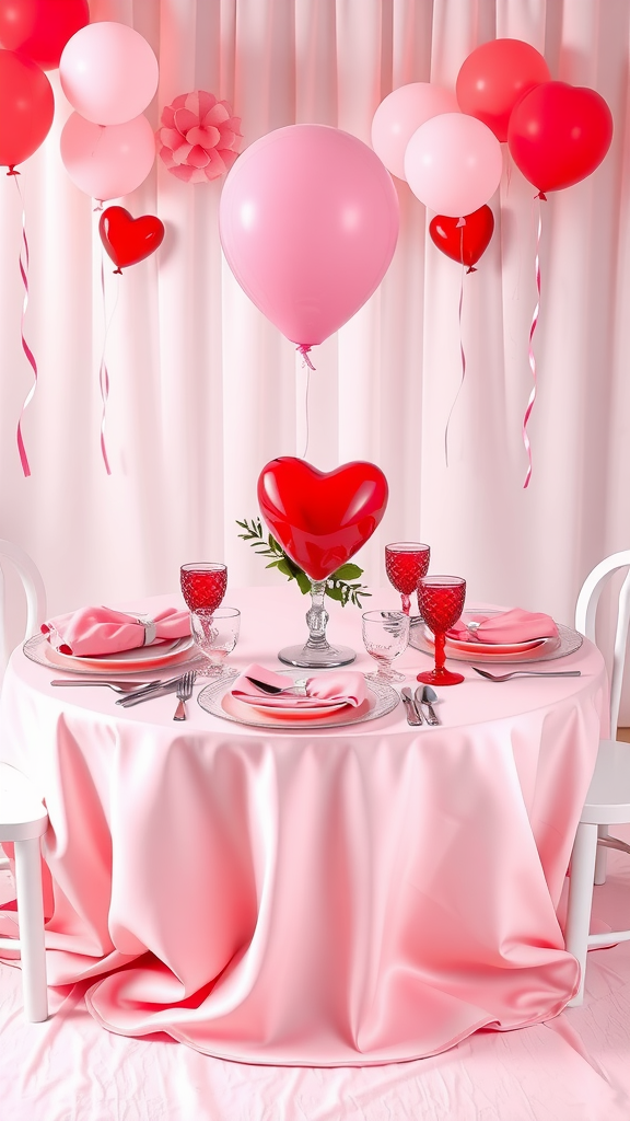 A romantic sweetheart table setting with pink and red balloons, heart-shaped decorations, and elegant tableware.