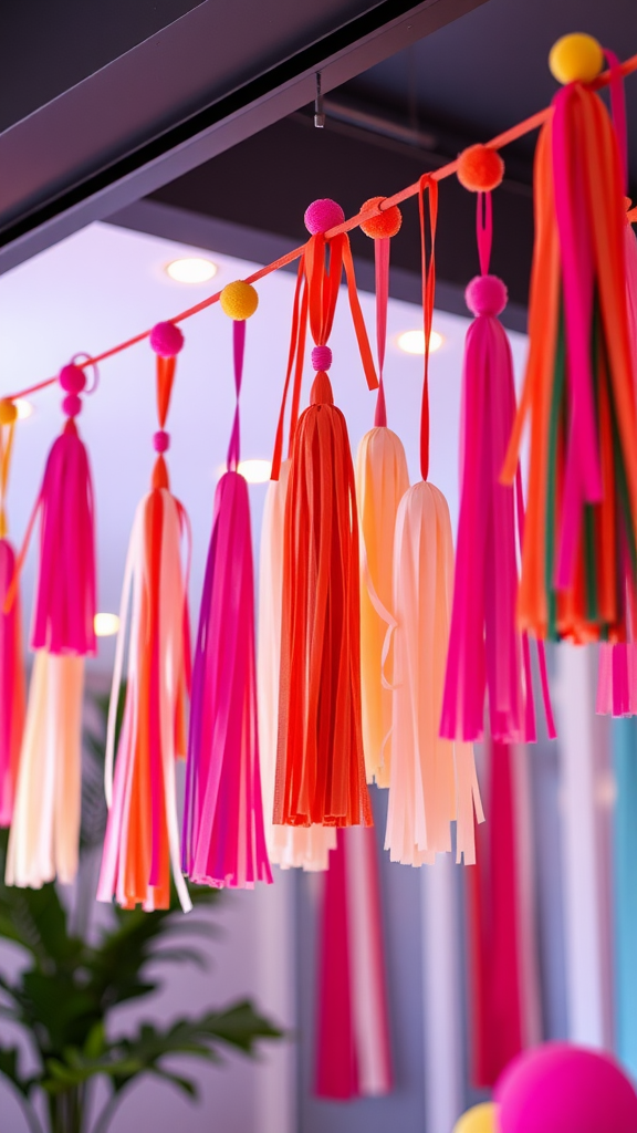 Colorful tassel garland with pink, orange, and white tassels hanging from a ceiling