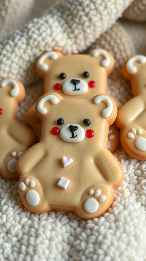 Close-up of cute teddy bear sugar cookies arranged on a textured surface. Valentine Baby Shower Sugar Cookies