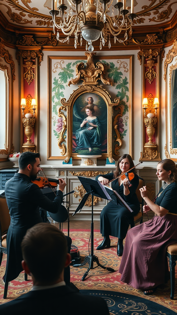 A string trio performing in an ornate room decorated in Rococo style.