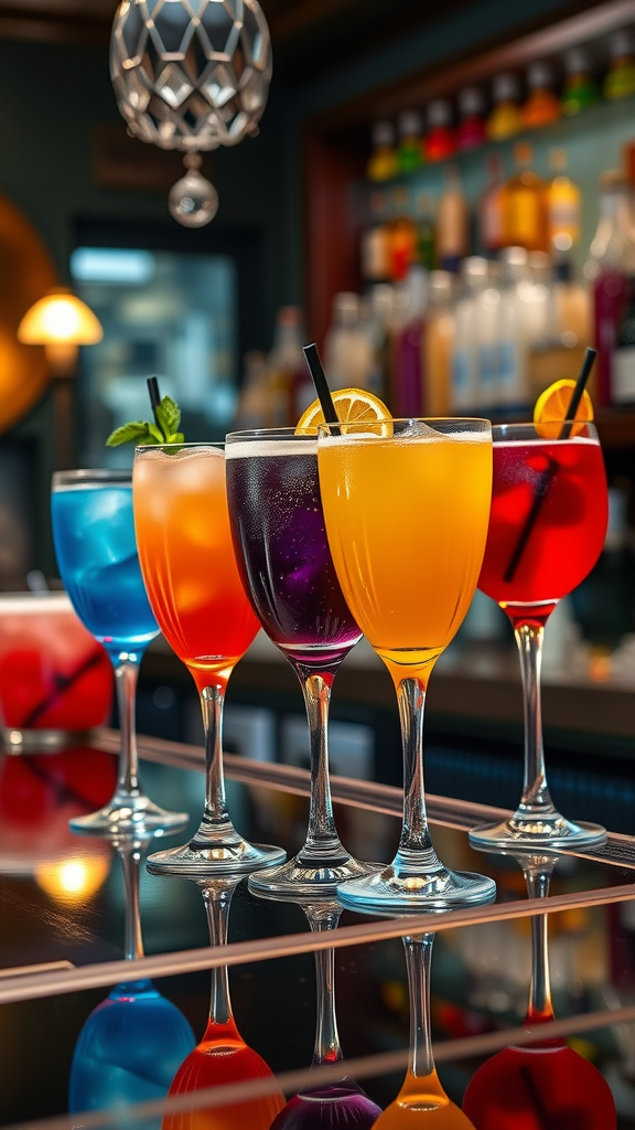 Colorful cocktails arranged in a bar setting, perfect for a Rococo-themed party.