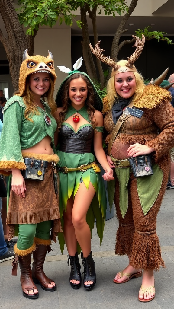 Three friends in themed woodland costumes, each showcasing unique styles with playful elements.