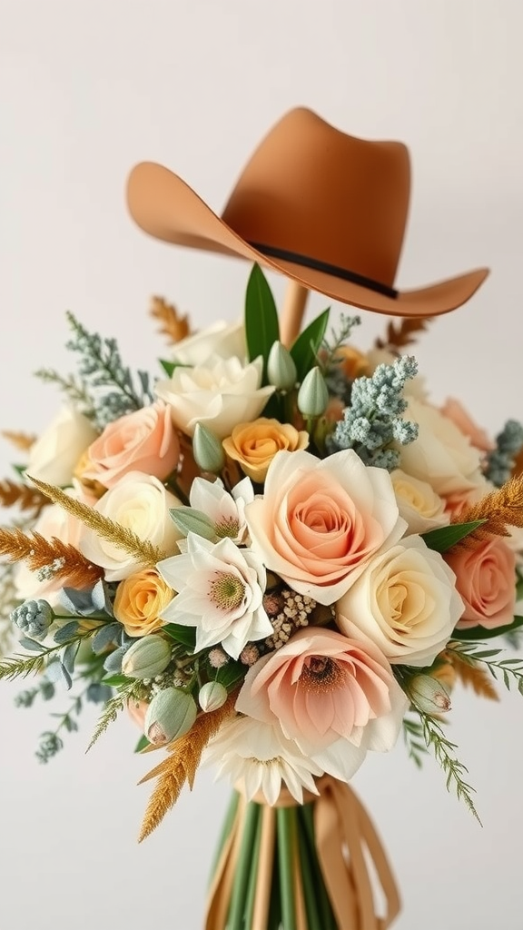 A bouquet of soft-colored flowers adorned with a brown cowboy hat. Cowboy Wedding Flowers