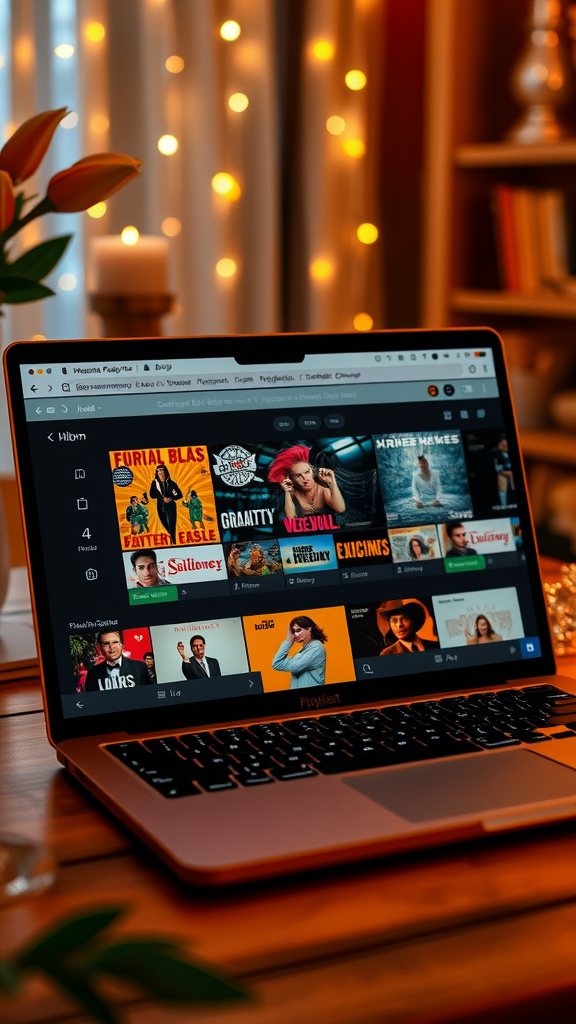 A cozy setup with a laptop showing a playlist on a wooden table, surrounded by flowers and warm lights.