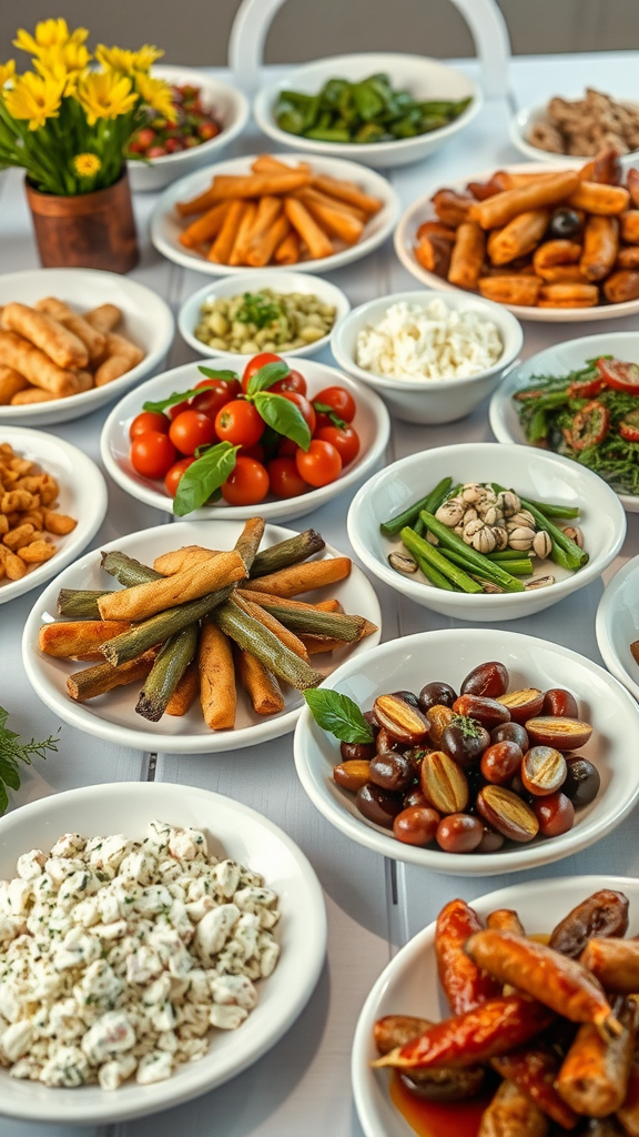 A table set with various potluck dishes including vegetables, snacks, and sauces.