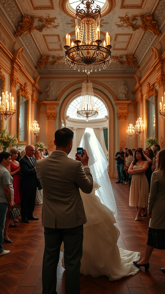 A bride in a flowing gown stands in a lavish Rococo wedding venue, surrounded by guests. A chandelier illuminates the ornate room.