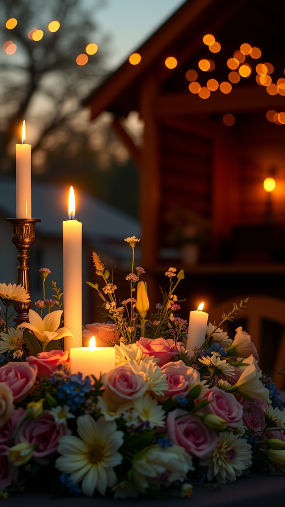 A beautiful arrangement of flowers with candles lit at twilight, with soft lights in the background. Cowboy Wedding Flowers