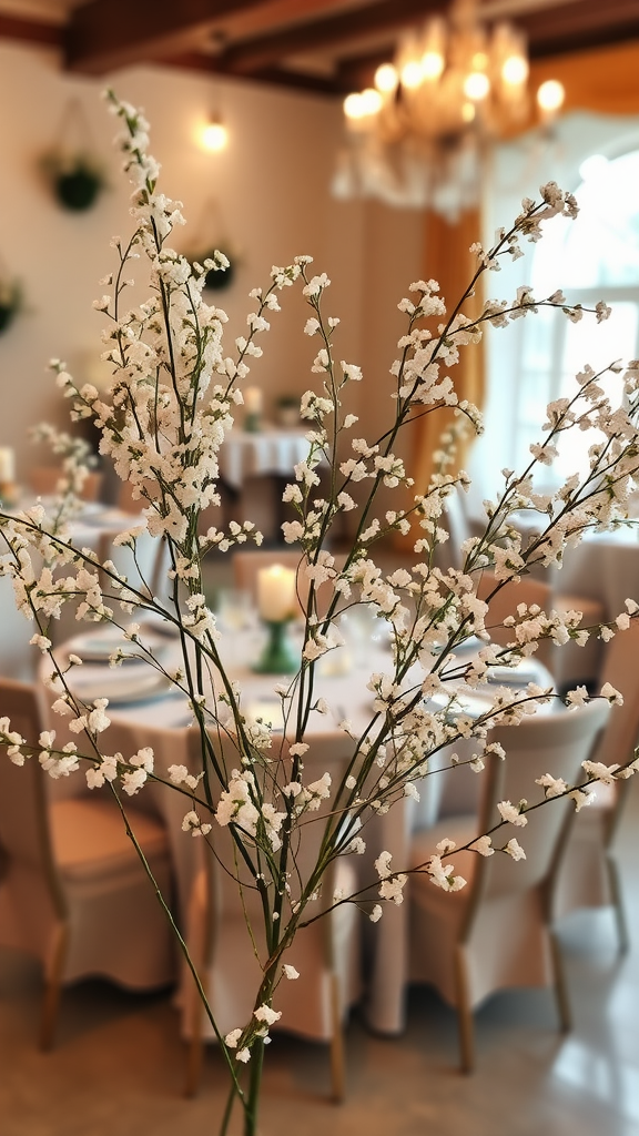 A beautiful arrangement of baby's breath flowers in a softly lit dining area, perfect for a celebration. boho themed 1st birthday party
