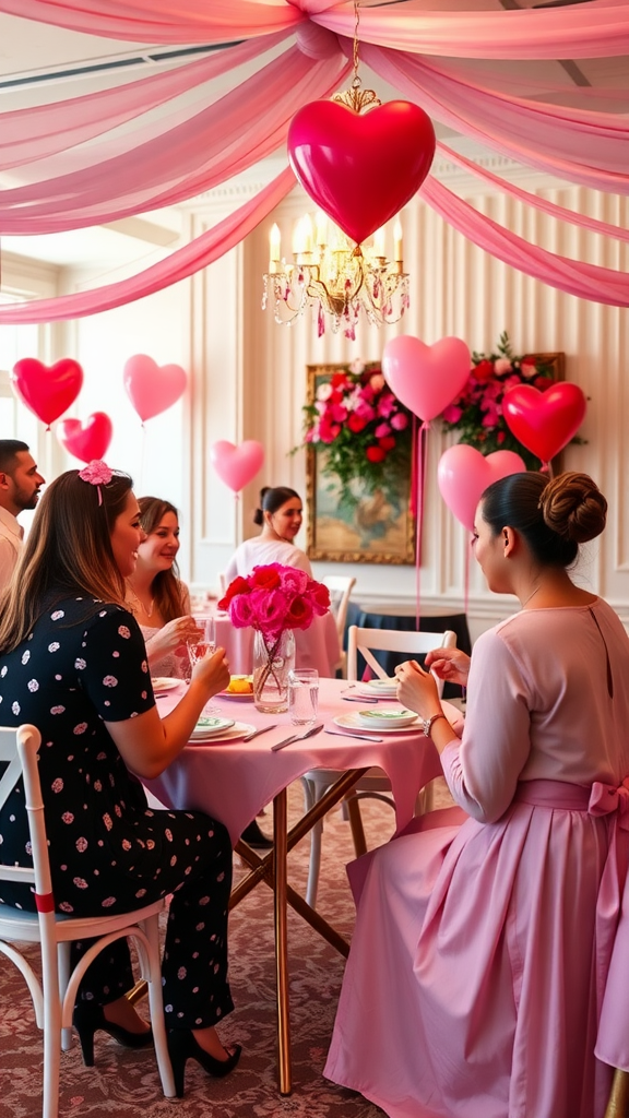 A decorated venue for a Valentine's Day celebration with heart-shaped balloons and pink decorations. Valentine Baby Shower Ideas