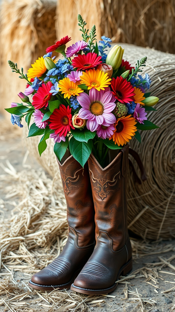 Vintage cowboy boots filled with colorful flowers