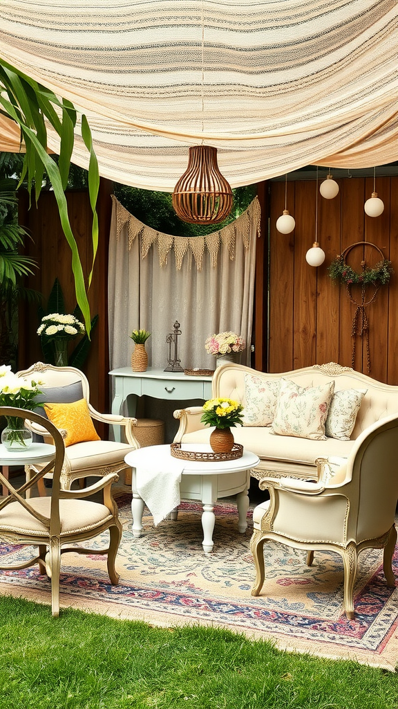 Cozy outdoor seating area with vintage furniture