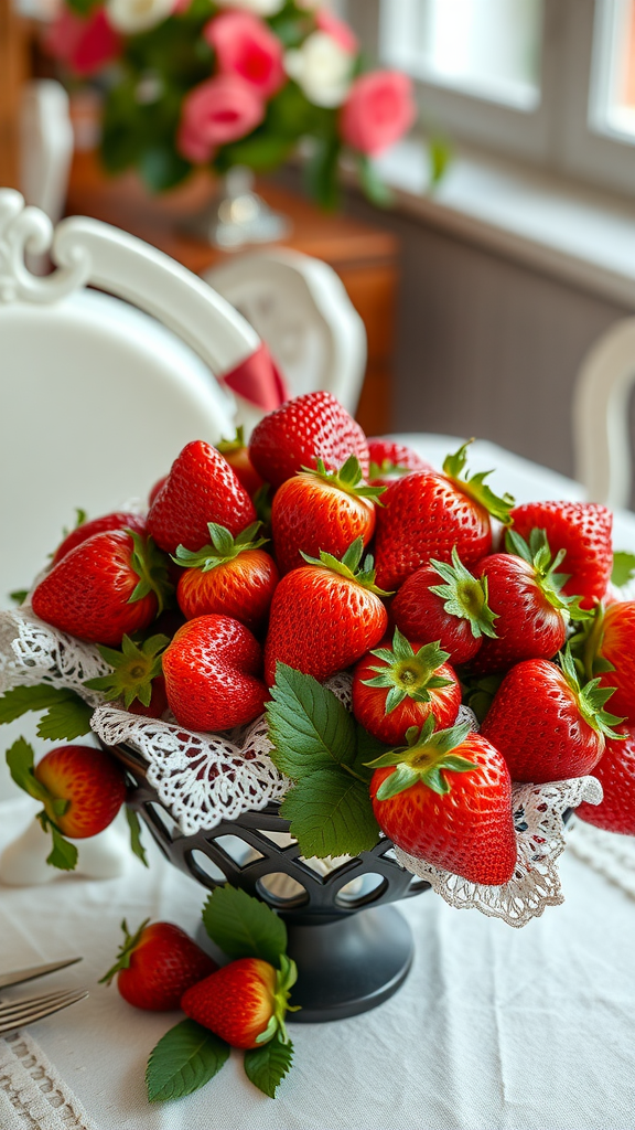 A vintage arrangement of fresh strawberries on a lace doily in a decorative bowl.