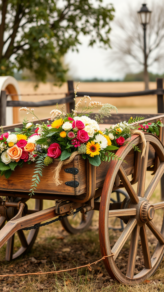 A vintage wagon filled with colorful flowers, set against a rustic background.