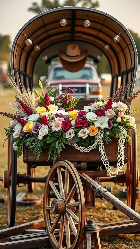 A vintage wagon decorated with flowers and a cowboy hat, set in a rustic outdoor setting