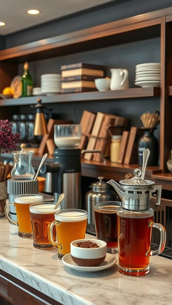 A beautifully arranged warm beverage bar featuring various drinks and coffee equipment
