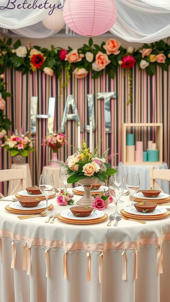 A beautifully decorated table for a birthday party featuring floral arrangements and pastel colors. boho themed 1st birthday party