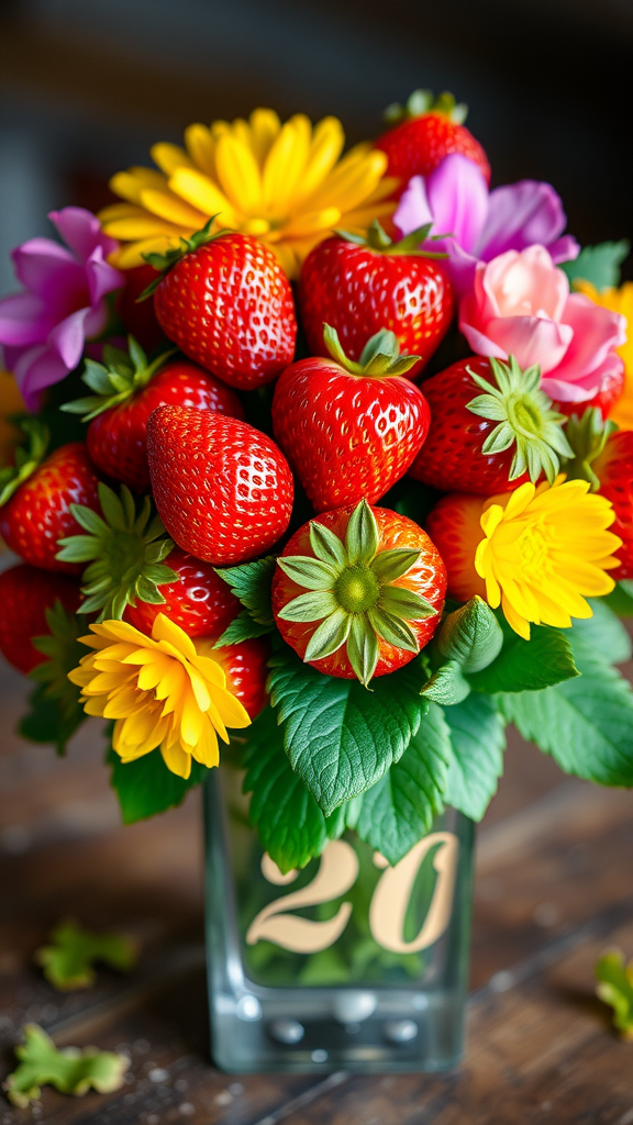 A vibrant bouquet featuring red strawberries and colorful flowers in a glass vase.