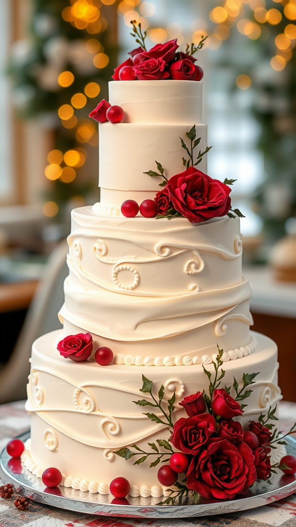 Elegant three-tier white cake adorned with red roses and berries, perfect for celebrations.