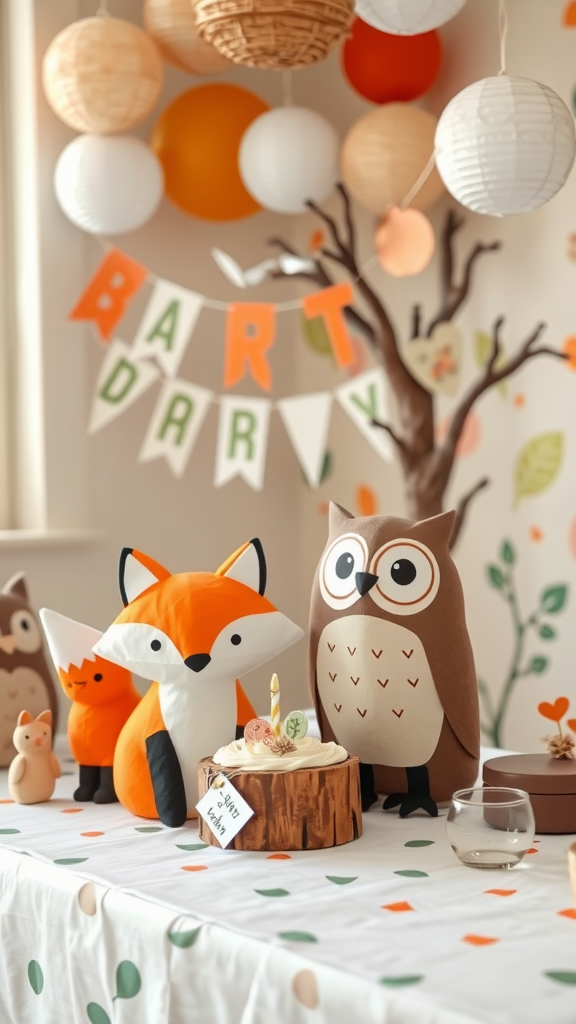 Colorful woodland animal decorations for a birthday party with a banner.