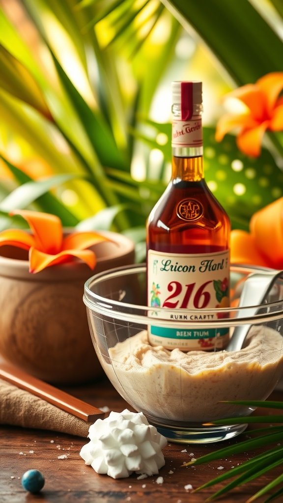 A tropical luau cake with rum flavoring, showcasing the ingredients and vibrant decorations.