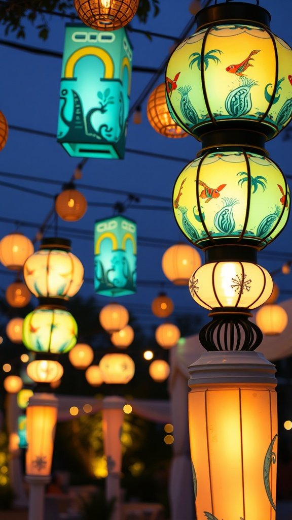 Colorful aquatic-themed lanterns hanging at a mermaid-themed party