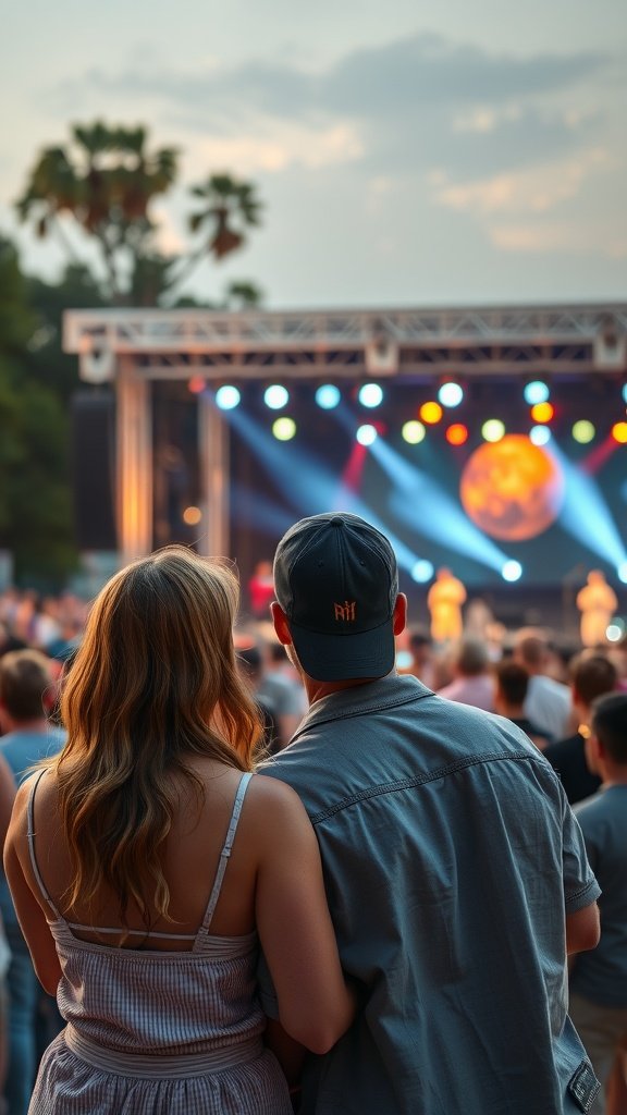 A couple watching a live music concert, enjoying the moment together.