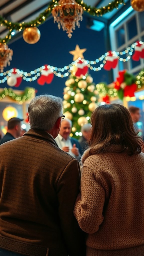 A couple enjoying a holiday concert with festive decorations, including a Christmas tree and lights.