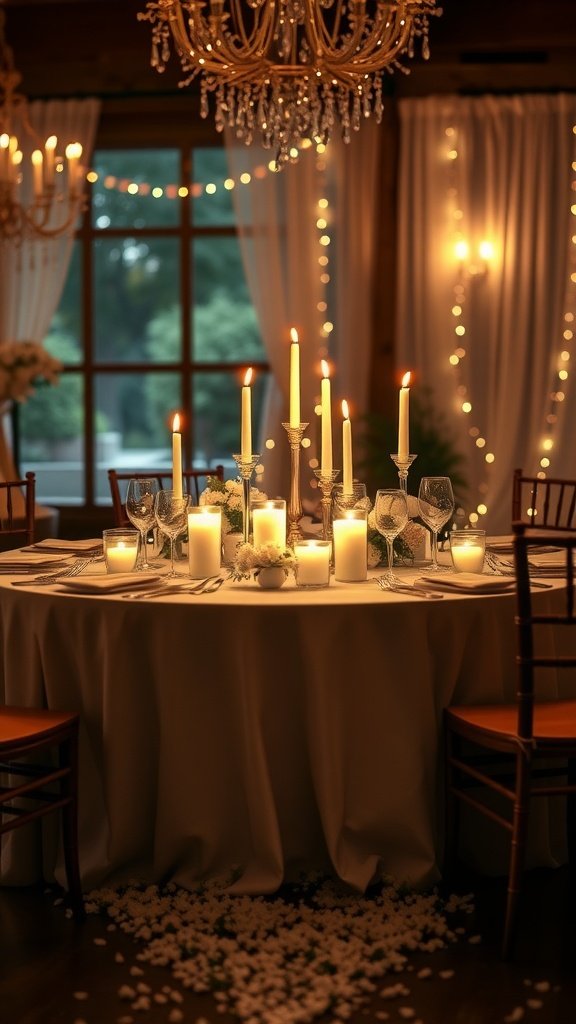 Beautiful wedding table setting with candles and baby's breath flowers