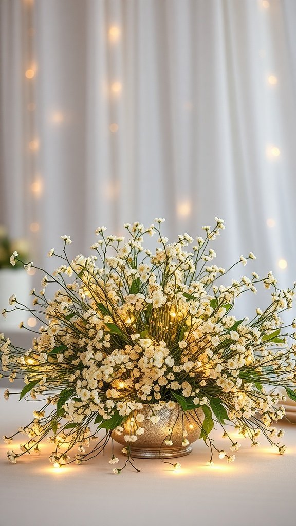 A centerpiece featuring baby's breath flowers and fairy lights arranged in a decorative pot.