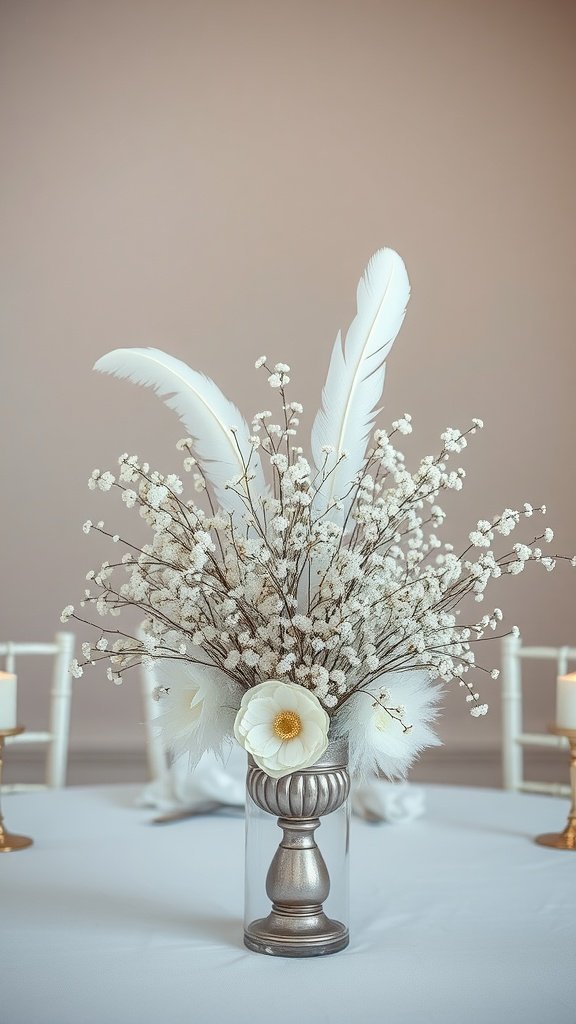 A wedding centerpiece featuring baby's breath flowers and white feathers in a decorative vase