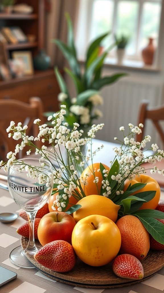 Wedding centrepiece featuring baby's breath flowers and assorted fruits on a table
