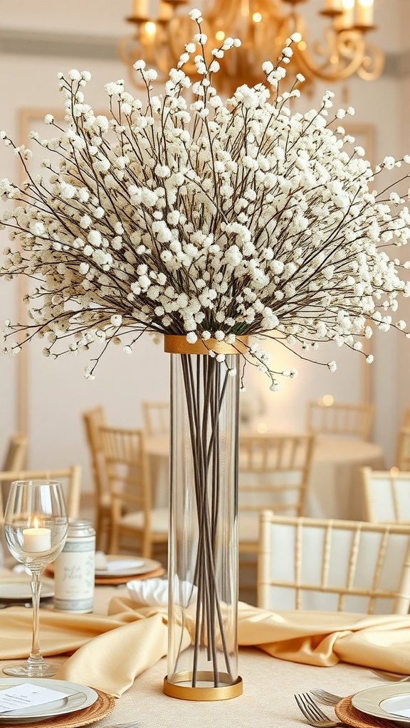 A wedding table centerpiece featuring a tall vase filled with baby's breath, accented with gold.