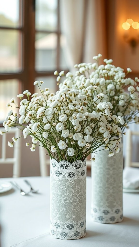 Two vases filled with baby's breath flowers, decorated with lace, on a wedding table.